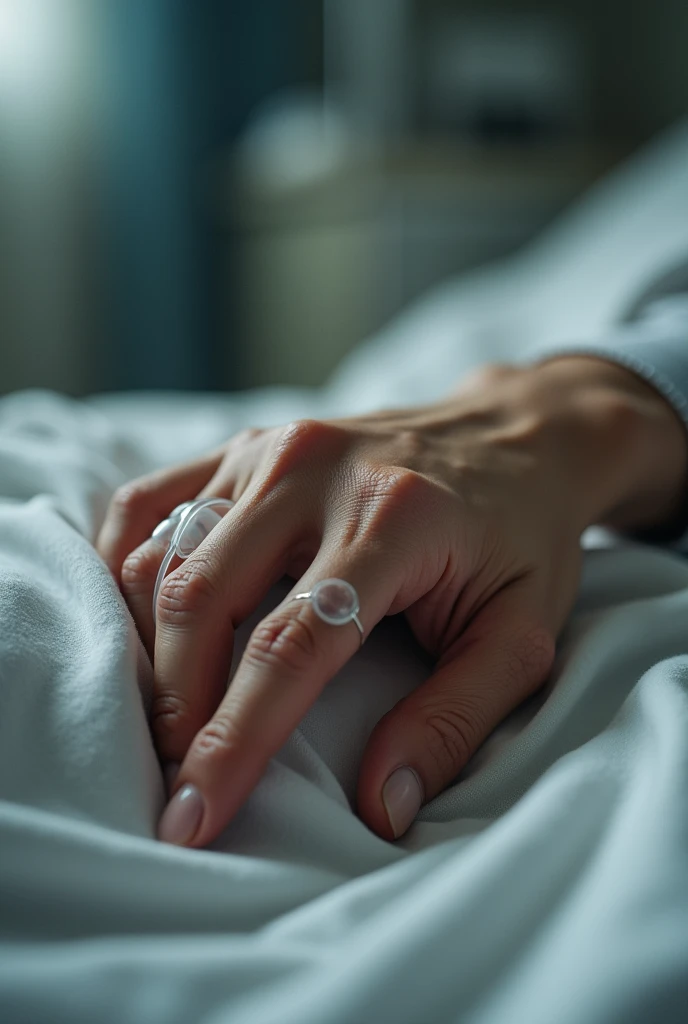 A patient took his one hand's picture. The hand have cannula on it. The hand is thin and the color was brown. Patient was lying on the bed