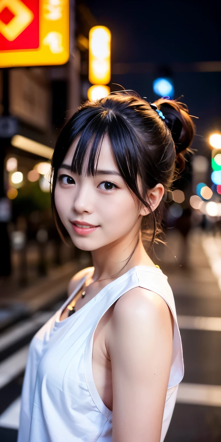 1 girl, Tokyo Street,night, Streetscape,City lights,Upper Body,close,smile,, (8k, RAW Photos, Highest quality, masterpiece:1.2),(Realistic, photo-Realistic:1.37),