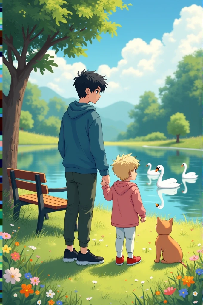 
A beautiful field with a beautiful lake where swans are swimming and a bench in the center where two  boys are holding hands and sitting the taller boy on the left has fair skin black hair he is wearing a blue sweatshirt dark green pants and black shoes the boy next to him wants to be a little shorter he has fair skin blond hair he is wearing a pink coat with white pants and red shoes next to them there is a dog and a cat who are also watching the lake there is a beautiful tree near the bench on the left side and flowers in the grass it is a beautiful sunny day and the image has to be in anime