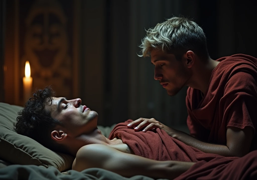 image where a young man of about 25 years old, dark-skinned, stealthily approaches in the middle of the night a Roman emperor with short, gray-blonde hair, about 45 years old and thin, who is sleeping in his chambers in the ancient Roman empire