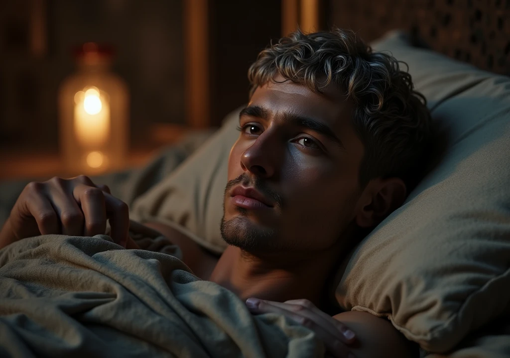 image where a young man of about 25 years old, dark-skinned, stealthily approaches in the middle of the night a Roman emperor with short, gray-blonde hair, about 45 years old and thin, who is sleeping in his chambers in the ancient Roman empire