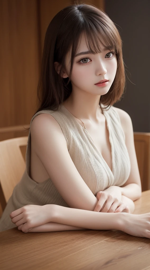 On the table, Highest quality, figure, Very detailed, The finer details, High resolution, 8k wallpaper, Perfect dynamic composition, Beautiful and delicate eyes, Women's fashion,Very short hair,Natural color lipstick for small breasts, Bold sexy pose,smile,Harajuku、20-year-old girl、cute、sexy shot looking at camera