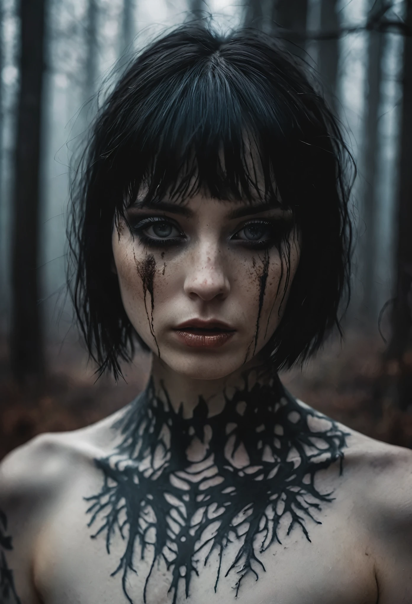 (Best Quality,hight resolution,Masterpiece, portrait:1.2),Ultra-detailed, close up of a naked woman in a creepy forest, nsfw, black metal make-up, pale white skin, tattoes, creepy make-up, foggy and cold atmosphere, dripping make-up, wet ambient, esoteric tattoes, tattoed neck, cold atmosphere, horror aesthetic, gothic aesthetic, completely naked, seen frontally, centered subject,gloomy ecstasy,fetish,dark gloomy atmosphere, creepy atmosphere, gritty texture,Retro-atmosphere,warped reality,melancholic expression on his face,mysterious aura,foggy atmosphere,foggy background,Subtle color palette,provocative pose,Strong emotions,Coming Out of the Depths of Despair,Piercing gaze,intense shadows,Plunged in Darkness,dark industrial aesthetic,ominous vibe,A supernatural sensation,Loss of Place in Time and Space,Eerie silence.asymmetrical bangs, freckles, black short hair, Bangs, freckles, gray eyes,