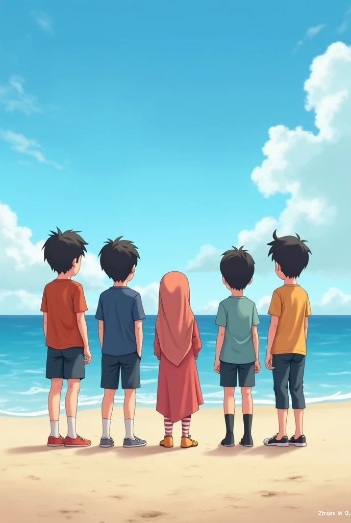 Quintuplets ( 4 boy 1girl ( hijab girl wearing a handsock and sock ) the girl in the Middle and 2 boy on left the girl and 2 more boys on the right girl. the quintuplets Seeing the beach. Image in Back. Facing the sea. The girl height is 150 cm the first boy : 200 cm. The second boy : 200 cm ,the third boy : 200 cm and the fourth boy 200 cm height