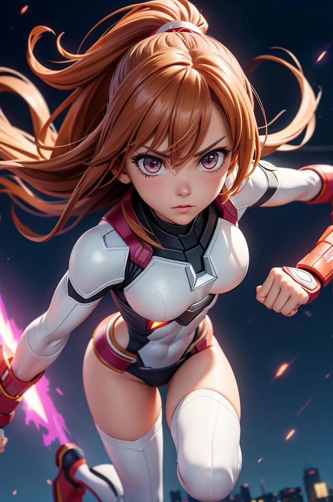 misaka mikoto, a certain scientific railgun series, misaka mikoto, ((Ms Marvel )), Ms Marvel, wearing Ms Marvel suit, mask, hero mask, white face mask, white domino mask with white big eyes, beautiful detailed eyes, beautiful detailed lips, extremely detailed eyes and face, long eyelashes, dynamic action pose, intense focus, cinematic lighting, high contrast, vibrant colors, digital art, highly detailed, photorealistic, masterpiece, 8k, ultra-detailed, full body view, soring in the sky across the city, electric sparks going all around her body
