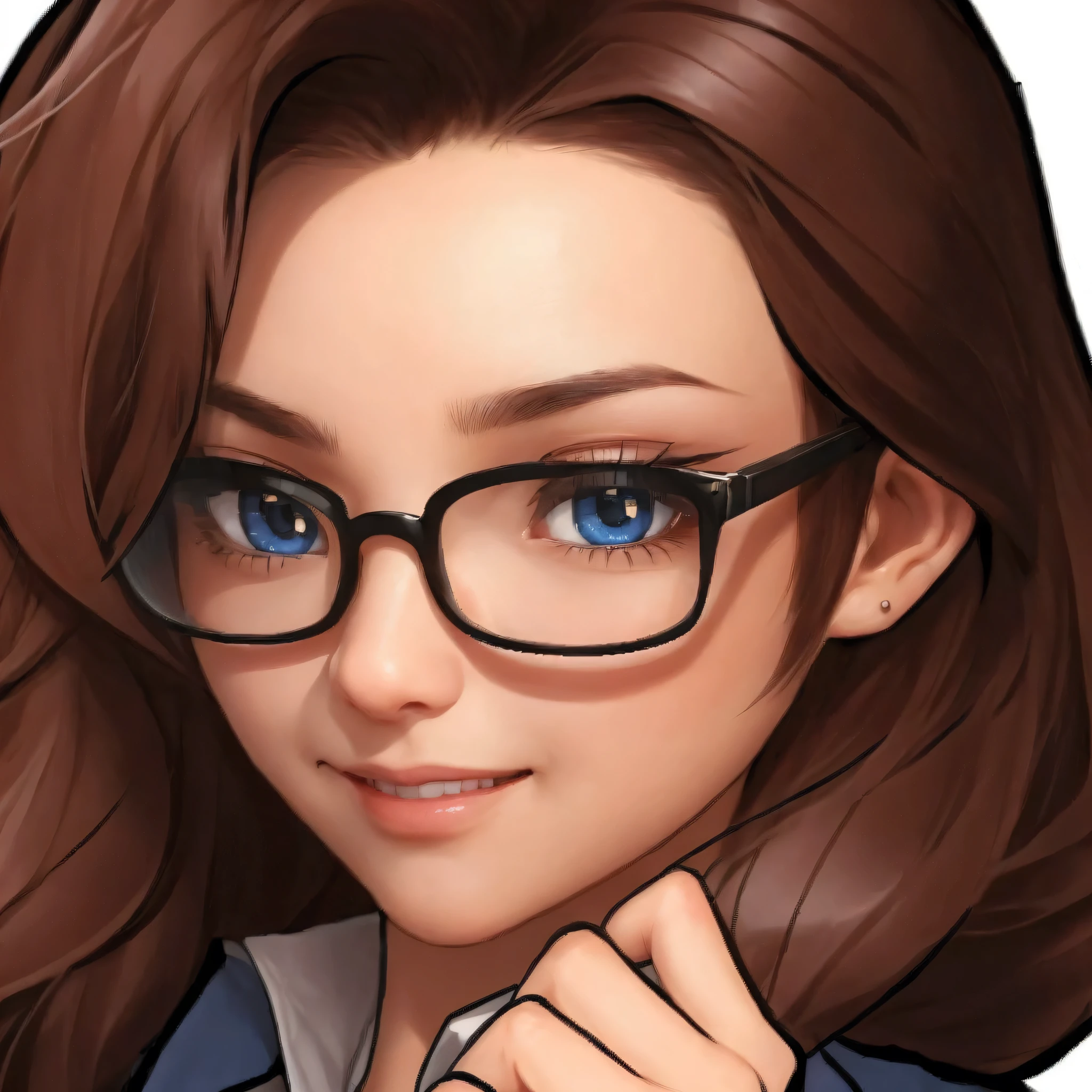 A cartoon girl wearing black framed glasses and a blue shirt, Fox Eyes,Fox-like Long eyes type,Blue pupils,More pupil details,Mesmerizing Smile Eyes,Long eyes,Long eyelashes,Intense eyeshadow,Smoky makeup,Long eyes线, Smile,Charming eyes,number, Eyes realistic, Low Detail, Ultra Detailed,Thick coating style,Large color blocks,Comic Style,Sharp RPG portraits