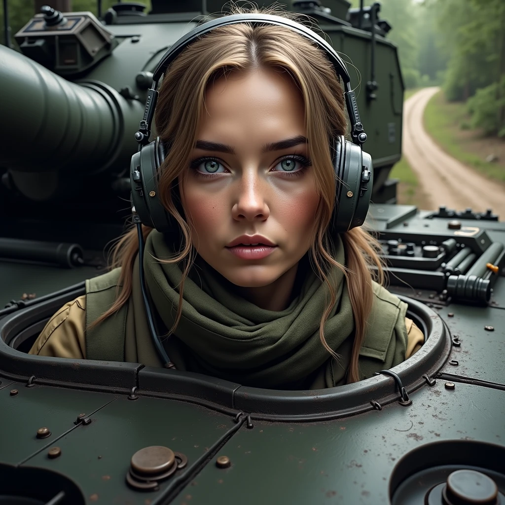 A dynamic and ultra-realistic picture of a female soldier. She is a tank driver. You can see her head sticking out of the tank hatch. Military headphone with microphone on head, The tank is driving through the forest roads. Cinematic mode, dynamic light and shadows matching the environment and the character. Perfect face, skin texture. Dynamic action, with tension and drama. Visible armored tank.