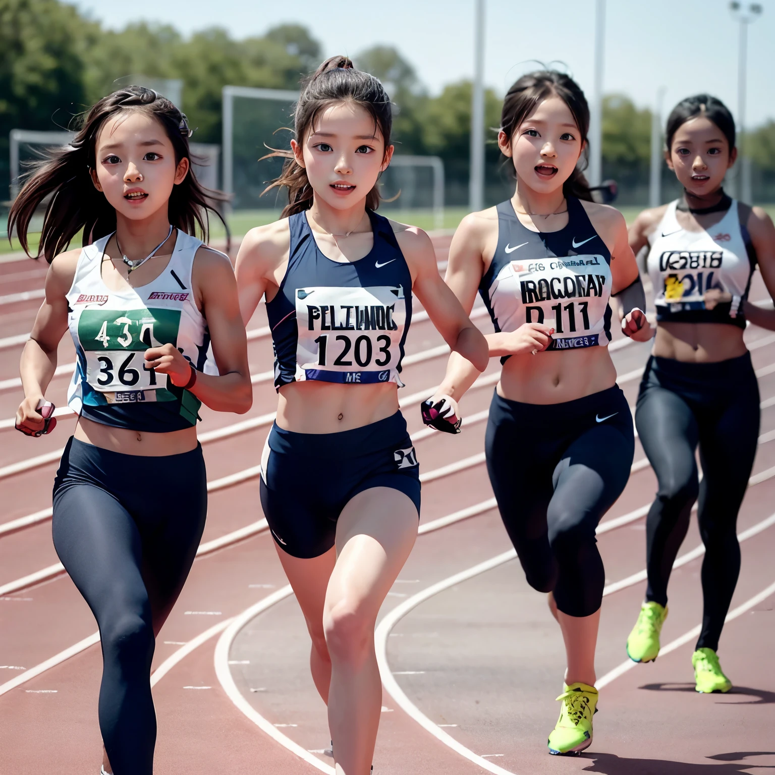 SFW,  ExtremelyDetailed (((Track Athlete Kids group in a row:1.4))), Childish perfect face, Reflective Eyes, Detailed(Delicate Clothing textures), Corrected Leg to Foot Line,Corrected Perfect Hand, Dynamic Joyful Expressions LifeLike Rendering, ((Specular Reflection:1.2)), mirrors, TopQuality 8K Ultra-detailed masterpiece (ProfessionalPhoto:1.37)(Acutance:0.8),(Luminism),(Exposed:0.33)