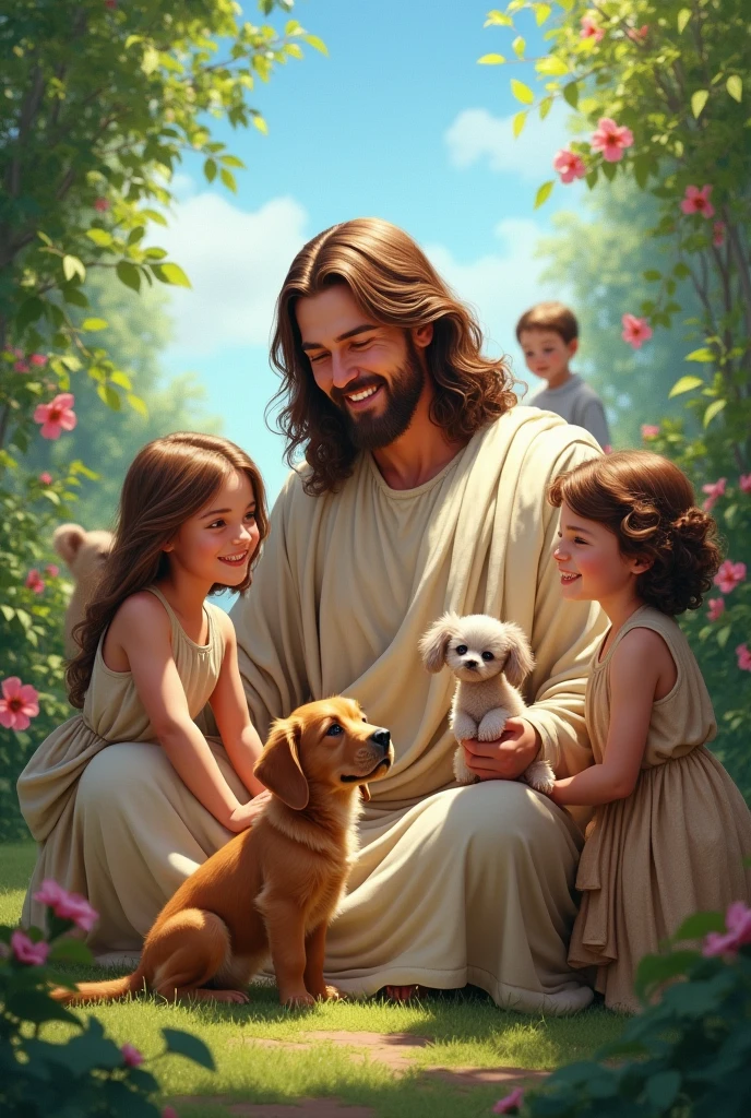 Jesus smiling amidst nature with children and animals in an HD Marvel-style drawing 