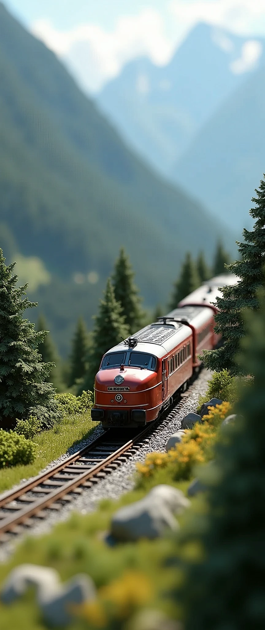 (masterpiece:1.2,Highest quality,Ultra HD,Super detailed),8k,wallpaper,(Photorealistic),Miniature model of the Swiss Mountain Railway,Isometric 3D Diorama,A vast diorama,Matte Paint,Gentle lighting