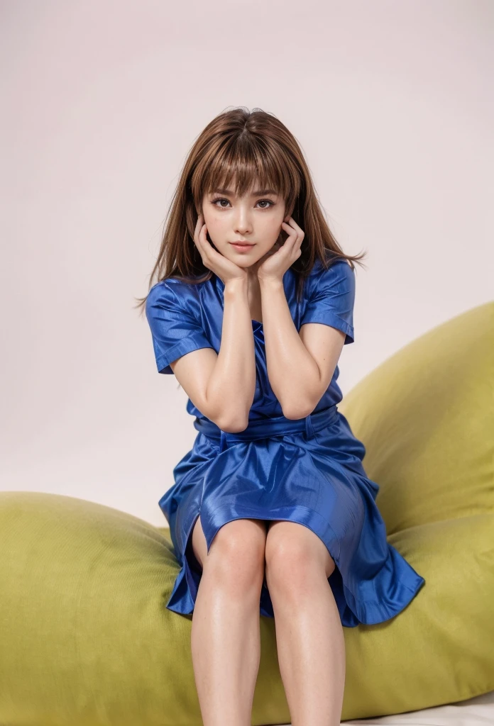 kasumi, eyes browns, (best qualityer, ultra detail), (realisitic:1.37), beautiful and detailed face, ultra-realisitic texture, Exquisite face, Delicate body, red lipgloss stick, shiny colors. High definition, 8k, expression a slight cute smile