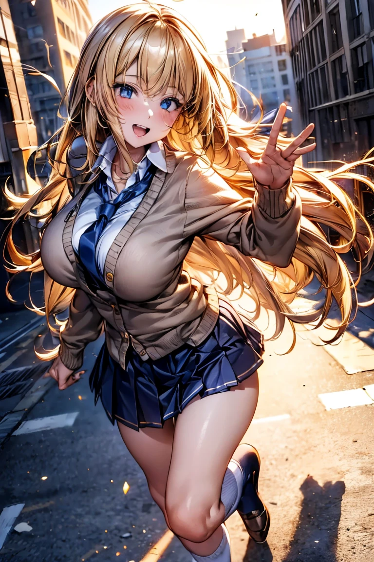 Browsing Caution,(Highest quality, 8k, masterpiece:1.3,beautiful girl), ((I am walking in front of the station)),(Very detailed)Glowing Skin,(((Long Hair,blonde,Beautiful Hair))),(Perfect Anatomy, Anatomically correct, Very detailed肌),((Golden Eyes)),((Perfect Fingers,Five Fingers)),((Light blue collared shirt, Navy pleated mini skirt, socks, Navy tie, Light brown cardigan, White knee socks)),Pink Panties, Knee-high socks,Knee-high socks on both feet,Double teeth,Big Breasts,Big Ass,In front of the station at noon,((Waving and looking at me)),Smartphone in your right hand,look up,A slightly higher angle, Focus Only,Running after them,Very smiling