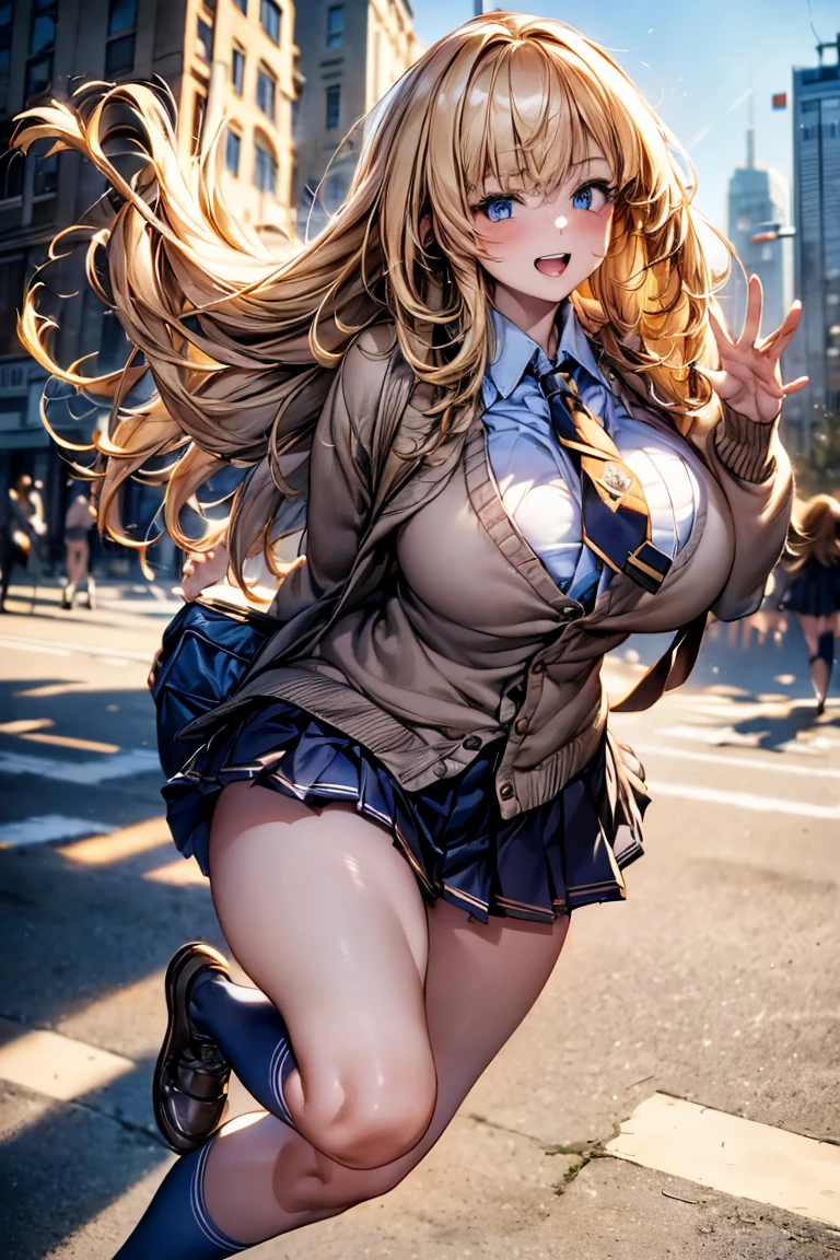 Browsing Caution,(Highest quality, 8k, masterpiece:1.3,beautiful girl), ((I am walking in front of the station)),(Very detailed)Glowing Skin,(((Long Hair,blonde,Beautiful Hair))),(Perfect Anatomy, Anatomically correct, Very detailed肌),((Golden Eyes)),((Perfect Fingers,Five Fingers)),((Light blue collared shirt, Navy pleated mini skirt, socks, Navy tie, Light brown cardigan, White knee socks)),Pink Panties, Knee-high socks,Knee-high socks on both feet,Double teeth,Big Breasts,Big Ass,In front of the station at noon,((Waving and looking at me)),Smartphone in your right hand,look up,A slightly higher angle, Focus Only,Running after them,Very smiling