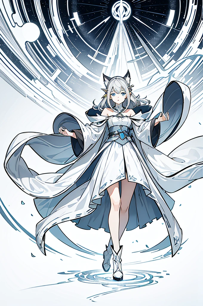 Shoulder-length gray-white hair，Girl，Blue Eyes，Elf ears，No headdress，No cat ears，Wear a magician's robe，cloak，hood，Long skirt，Boots，full-body shot，front Photo，No background
