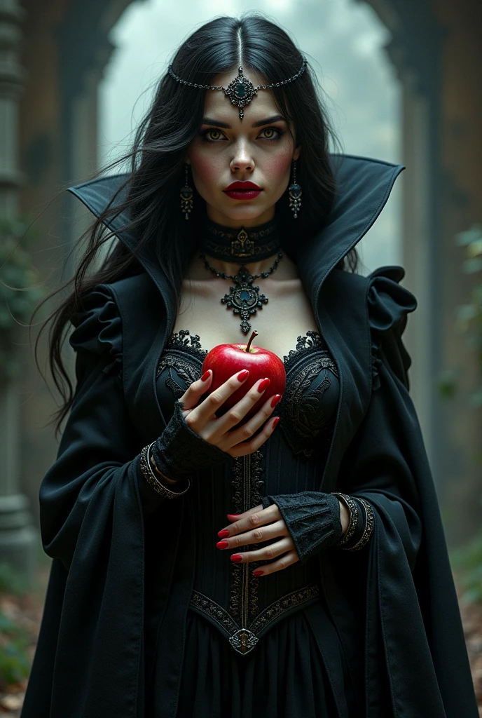 Girl,Black long hair，Black Queen，accessories，Apple in hand，Poison apples，Witch Queen，Red lipstick