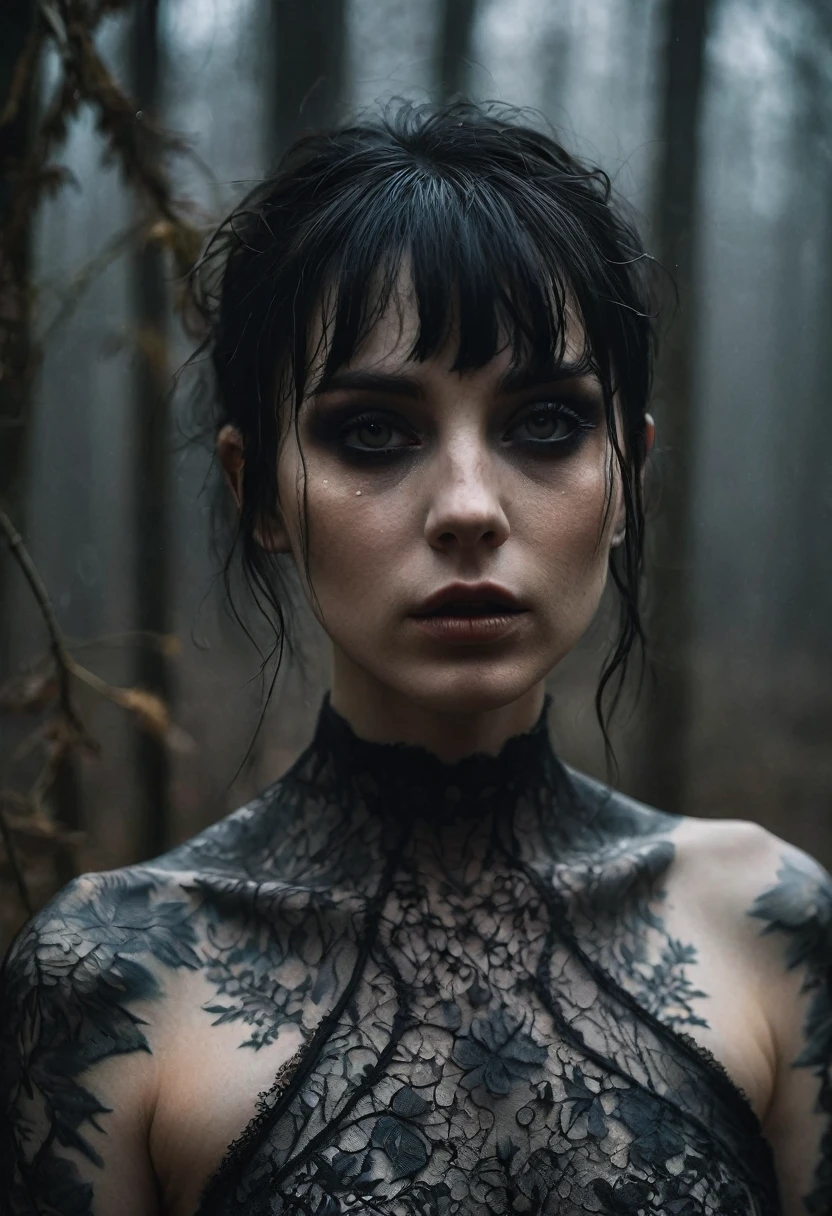 (Best Quality,hight resolution,Masterpiece, portrait:1.2),Ultra-detailed, close up of a naked woman in a creepy forest, black veil covering her breasts, black metal make-up, pale white skin, tattoes, creepy make-up, foggy and cold atmosphere, dripping make-up, wet ambient, esoteric tattoes, tattoed neck, cold atmosphere, horror aesthetic, gothic aesthetic, completely naked, seen frontally, centered subject,gloomy ecstasy,fetish,dark gloomy atmosphere, creepy atmosphere, gritty texture,Retro-atmosphere,warped reality,melancholic expression on his face,mysterious aura,foggy atmosphere,foggy background,Subtle color palette,provocative pose,Strong emotions,Coming Out of the Depths of Despair,Piercing gaze,intense shadows,Plunged in Darkness,dark industrial aesthetic,ominous vibe,A supernatural sensation,Loss of Place in Time and Space,Eerie silence.asymmetrical bangs, freckles, black short hair, Bangs, freckles, gray eyes,