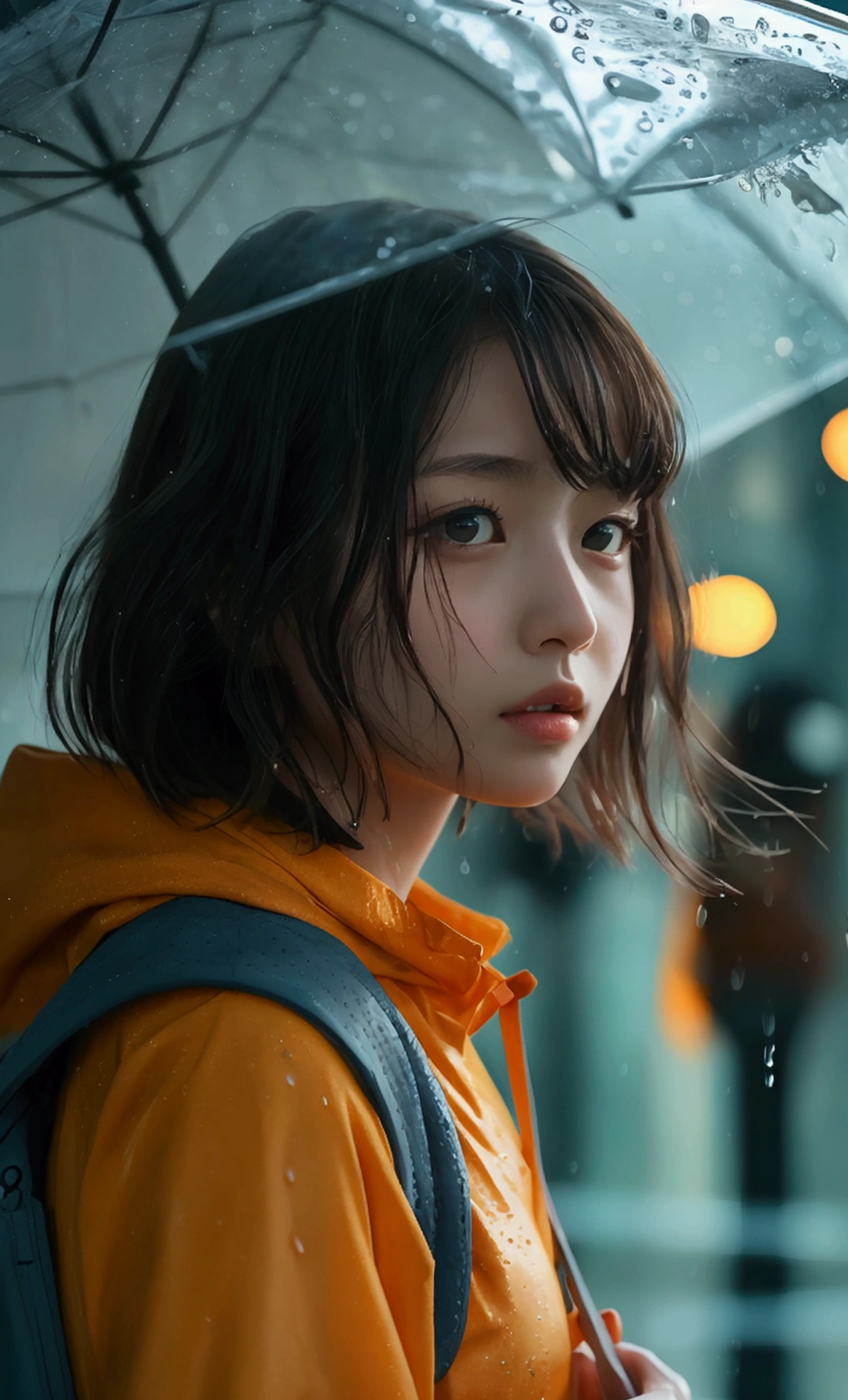(8k, Photorealistic, Raw photo, Highest quality: 1.4),Japanese idol-style beautiful girl,1 person,17 years old,(Short Bob),(Black),She has her hair tucked behind her ears,Clear grey eyes,Eyes moist,Long eyelashes(piercings(small)),(Lip gloss),lips(Plump,glossy),Thin and delicate shoulders,thin abdomen,(Open shirt),(Pleated skirt(Plaid)),(loafers),On the way home from school,Sudden squall,Soaked from head to toe,My shirt is wet and transparent,Full body snapshot