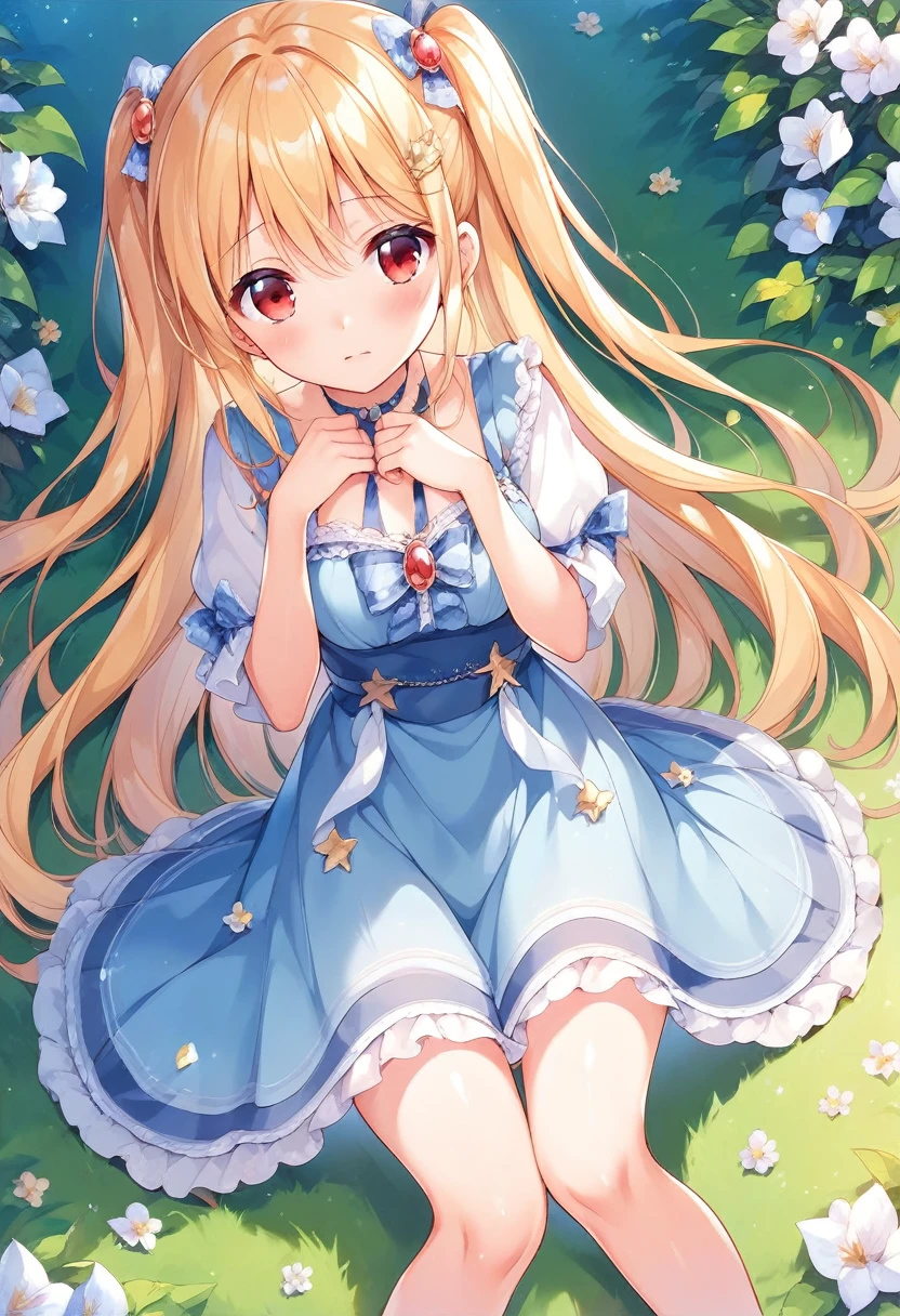 A cheerful and kind-looking girl with long, two-sided blonde hair.、Red eyes、A somewhat childish female  high schooleeks turn red and I feel embarrassed、Dress modestly、Sit on the grass、、garden、Enchanting anime girl, anime style, Best anime girl,   style, Anime Moe Art Style, Cute girl anime visuals, Beautiful attractive anime teen,