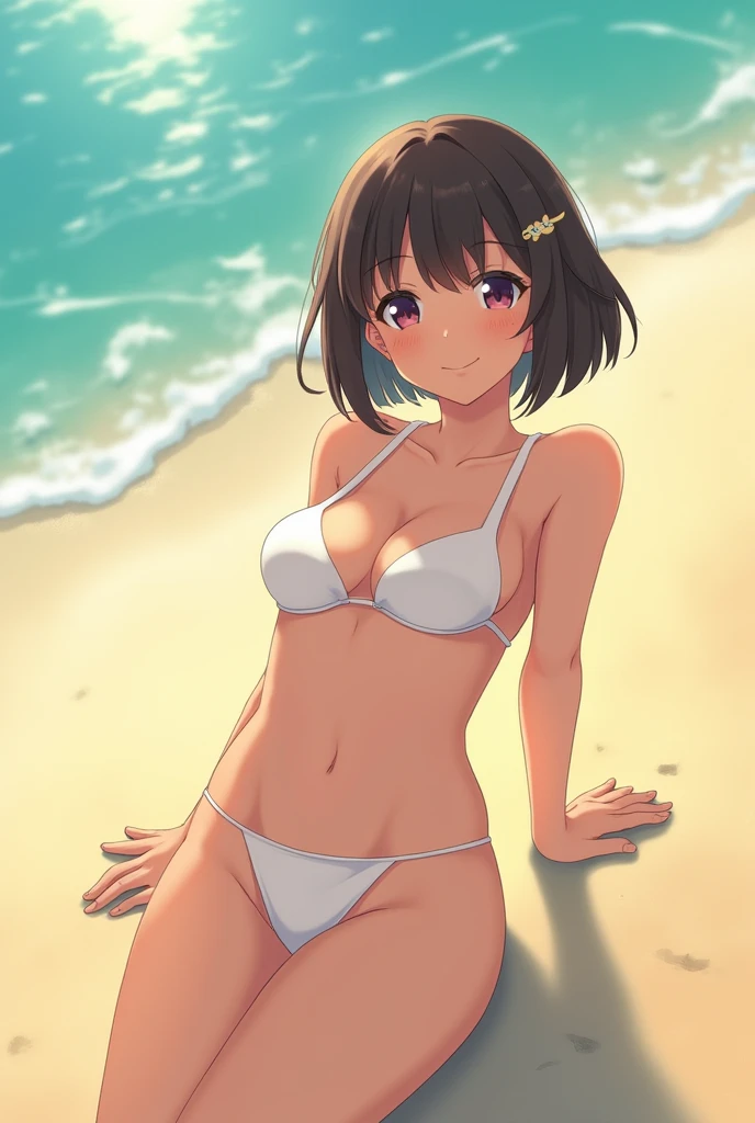 (Real:1.2)(Realistic:1.2)Lying down、One leg raised、Put your whole body into it、Cute Japanese Girls,Bobcut、hairpin,(flat chest:1.2)、Charm, Ultra-high resolution,Attention to detail, Golden Ratio,Natural body、round face,smile,Highest quality,very small flat chest:1.2、(Realな肌), Beautiful skins, Shyly、Cute Swimsuits、a sunny day、One Girl、Sexy pose、Seaside、Sandy Beach