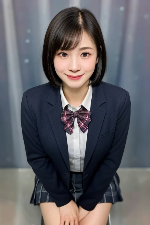 (kawaii 18 year-old Japanese girl is sitting on chair, Nogizaka idol, Korean idol), healthy female athlete body, (glossy black hair, short hair, pixie cut, bangs:1.3), (rounded face, pure black eyes, single eyelid, no makeup, splashing smile:1.2), (wearing Japanese school uniforms, blazer jacket, collared shirt, bow tie:1.3), extra small breasts, (plaid skirt, bare thighs, thigh gap:1.2), socks, loafers, BREAK, (simple grey background:1.3), (view from above, cowboy shot, thigh focus:1.2), BREAK, (masterpiece, best quality, photo realistic, official art:1.4), (UHD, 8K quality wallpaper, high resolution, raw photo, golden ratio:1.3), (shiny skin), professional lighting, physically based rendering, award winning, (highly detailed skin, extremely detailed face and eyes, anatomically correct body), Carl Zeiss 85 mm F/1.4, depth of field, 1girl, solo,
