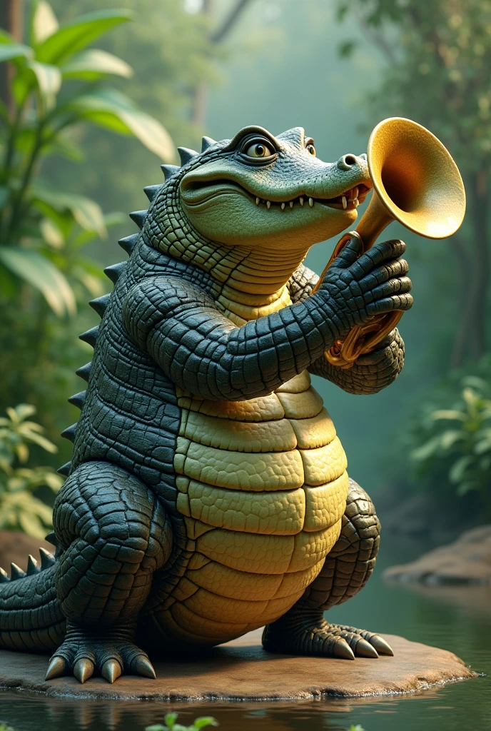 A fat crocodile playing the trumpet