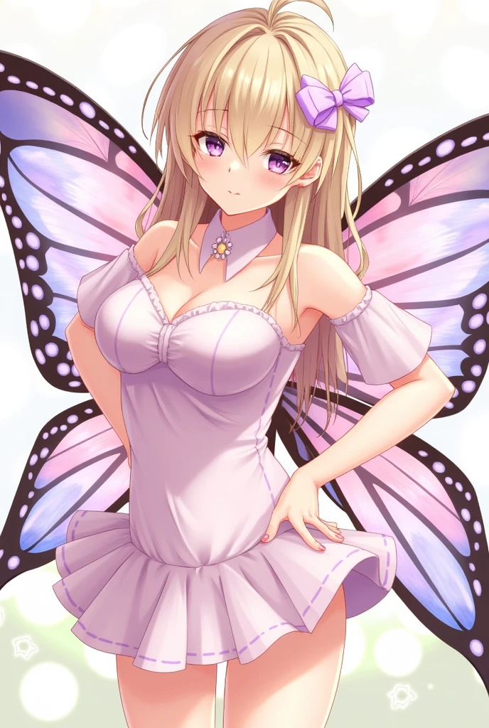 1girl ,fairy, butterfly wings, beautiful clothes,(high resolution, high detail, best quality), medium breasts, cleavage, thigh, short skirt, sexy