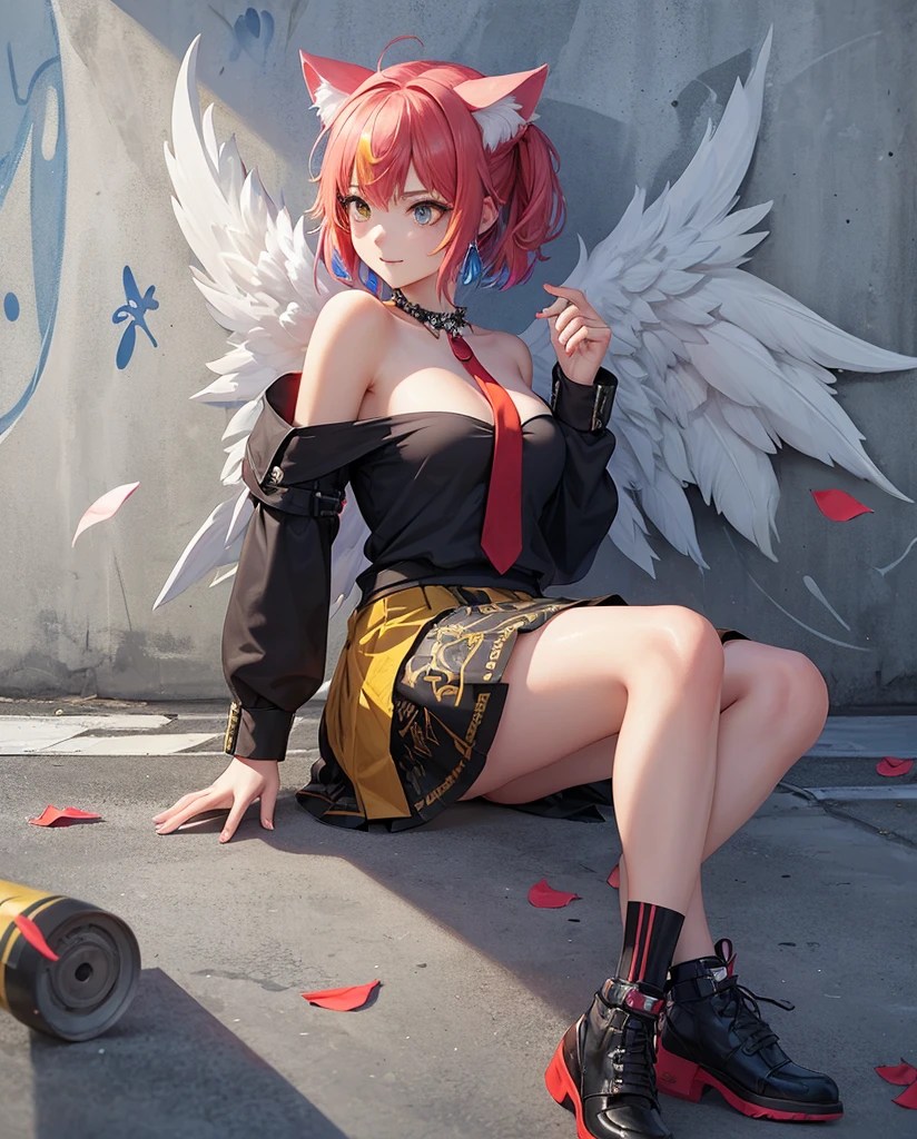 Anime nekogirl, cat_ears, in short dress and jacket walks down the street、anime moe art style、anime style 4 k、anime styled。8K、Anime visuals of cute girls、young anime girl、Digital Animation Illustration、Anime-style illustrations、Anime-style portraits、Shinkai Makoto style、an anime girl、Portrait of an anime girl、Beautiful anime schoolgirl//Style
(typographic, lettering arts:1.5), (graffiti art:1.5),
(Red tone:1.3), (Yellow tone:1.3), (blue tone:1.4), (black tone:1.2),
BREAK
//quality and charactor
realistic, super photo realistic illustration, hight resolution, ultla detailed, absurderes,
extremely beautiful girl, (((Angel wings in graffiti art:1.2))), (off shoulders:1.3), kawaii smile
She hold a big sniper rifle With the barrel of the rifle resting on the collarbone, medium breast
BREAK
//Fashion
(School Uniforms:1.2), (Wear a black shirt:1.3), (Red tie:1.3),(Red armband)
shirt dress, statement belt, ankle-strap heels,
(Tuckout skirt:1.3),(Skirt pull up:1.3),
bare shoulders
BREAK
//background
White wall background, (Jewels and jewelry on background:1.5),
(Tree branches, Leaves, flower petals:1.2), (Ink splash on concrete wall:1.3),(trickart)
concrete wall, (Rough concrete texture:1.3),
BREAK
//emotion
Thoughtful expression, Pensive, Reflective, Contemplative,
Utopian performance, lost in thought, Contemplative, Pensive,
BREAK
//effect
(Colorful:1.5), Blooming light effect,