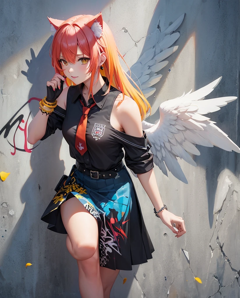 Anime nekogirl, cat_ears, in short dress and jacket walks down the street、anime moe art style、anime style 4 k、anime styled。8K、Anime visuals of cute girls、young anime girl、Digital Animation Illustration、Anime-style illustrations、Anime-style portraits、Shinkai Makoto style、an anime girl、Portrait of an anime girl、Beautiful anime schoolgirl//Style
(typographic, lettering arts:1.5), (graffiti art:1.5),
(Red tone:1.3), (Yellow tone:1.3), (blue tone:1.4), (black tone:1.2),
BREAK

//quality and charactor
realistic, super photo realistic illustration, hight resolution, ultla detailed, absurderes,
extremely beautiful girl, (((Angel wings in graffiti art:1.2))), (off shoulders:1.3),  kawaii smile
She hold a big sniper rifle With the barrel of the rifle resting on the collarbone, medium breast
BREAK

//Fashion
(School Uniforms:1.2), (Wear a black shirt:1.3), (Red tie:1.3),(Red armband)
shirt dress, statement belt, ankle-strap heels,
(Tuckout skirt:1.3),(Skirt pull up:1.3),
bare shoulders
BREAK

//background
White wall background, (Jewels and jewelry on background:1.5),
(Tree branches, Leaves, flower petals:1.2), (Ink splash on concrete wall:1.3),(trickart)
concrete wall, (Rough concrete texture:1.3),
BREAK

//emotion
Thoughtful expression, Pensive, Reflective, Contemplative,
Utopian performance, lost in thought, Contemplative, Pensive,
BREAK

//effect
(Colorful:1.5), Blooming light effect,