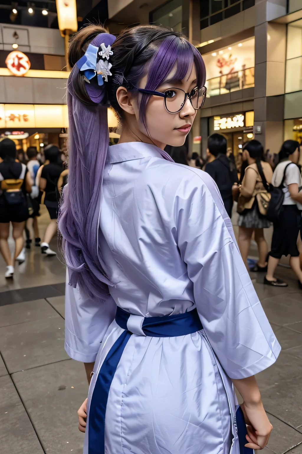 “Create a full-body portrait of a 21-year-old Filipino cosplayer dressed as Ayaka Kamisato from Genshin Impact. Wearing glasses, facing front Ensure the cosplay is highly recognizable and accurate to Ayaka's character design. Her outfit should include:
A traditional Japanese-inspired kimono with a blue and white color scheme.
Detailed floral patterns and a large ribbon on the back.
An intricate obi belt with a decorative bow.
Accessories such as her hairpins and the Kamisato family crest.
Light purple hair styled in twin-tails with a decorative hairpiece.
Place the cosplayer in the Mall of Asia, Philippines, capturing the mall’s modern and bustling environment with distinctive architectural features and people in the background to enhance the setting's authenticity.”