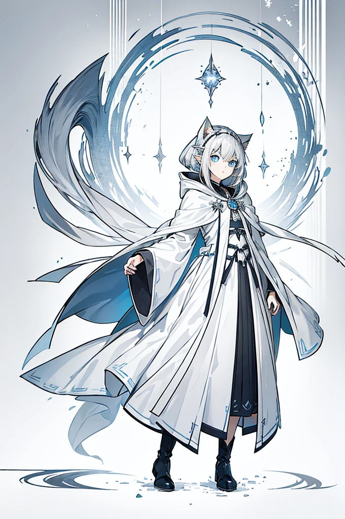 Shoulder-length gray-white hair,Girl,Blue Eyes,Elf ears,No headdress,No cat ears,Wear a magician's robe,cloak,hood,Long skirt,Boots,full-body shot,front Photo,No background