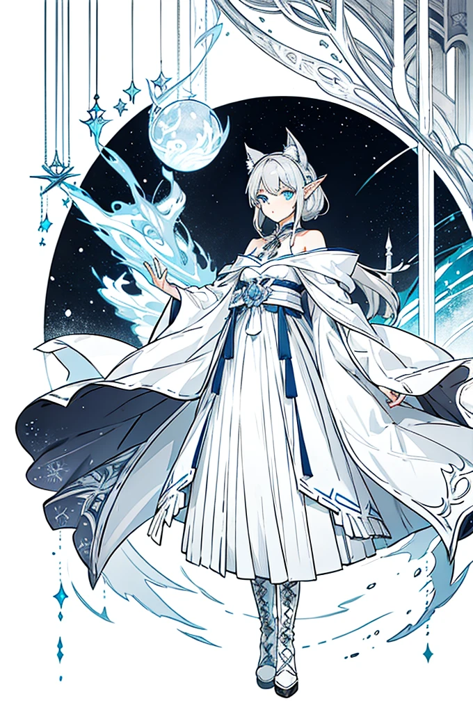 Shoulder-length gray-white hair,Girl,Blue Eyes,Elf ears,No headdress,No cat ears,Wear a magician's robe,cloak,hood,Long skirt,Boots,full-body shot,front Photo,No background