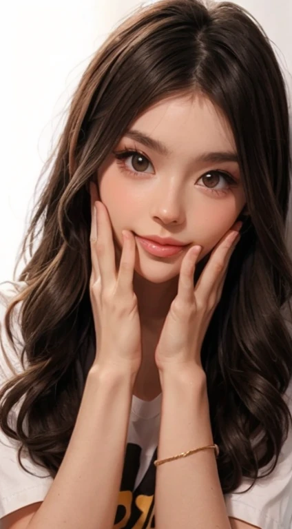 Asian, beautiful, thin, cute, 30th Generation, beautiful Face, beautiful Skin, actress, mature, Upper Body, Light brown hair, thin髪, Live Action, masterpiece, Highest quality, Highly detailed CG Unity 8K wallpaper, Ultra-high resolution, Casual Fashion, Lighting, Summer Fashion, (Natural brown hair: 0.8), (Puffy eyes), Watch the audience, turn around, Bleached Hair, Model pose, White Background, Delicate skin types, Light curly hair, Put your hands around your mouth, White T-shirt, Hair model photo