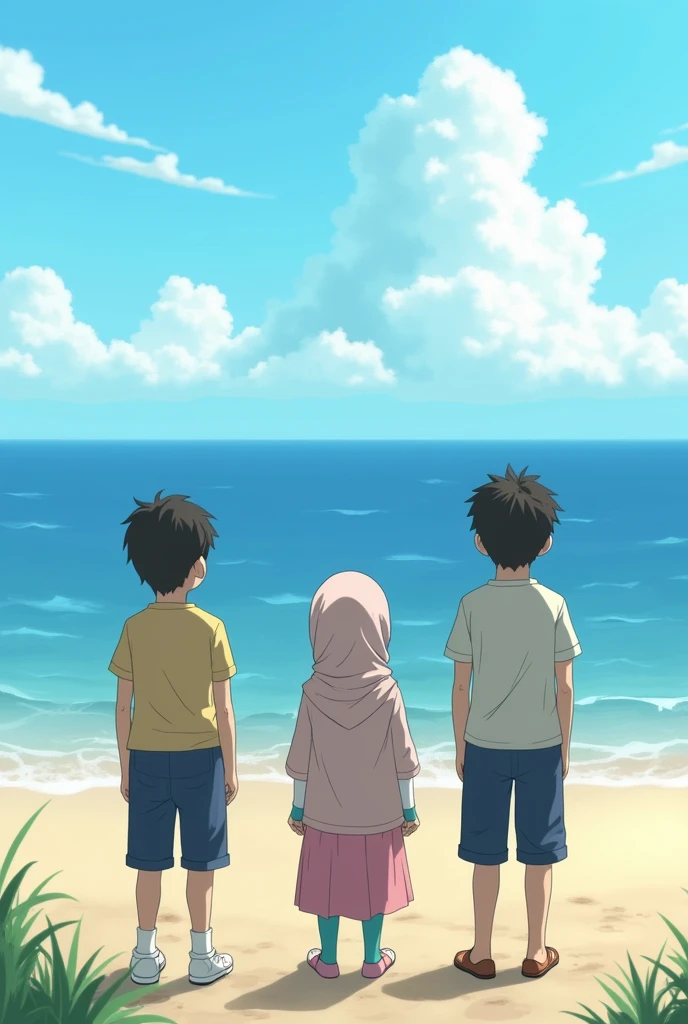 Quadruplets ( 3 boy 1girl ( hijab girl wearing a handsock and sock ) the girl in the Middle and 2 boy on left the girl and 1 more boys on the right girl. the quintuplets Seeing the beach. Image in Back. Facing the sea. The girl height is 150 cm the first boy : 200 cm. The second boy : 200 cm ,the third boy : 200 cm height