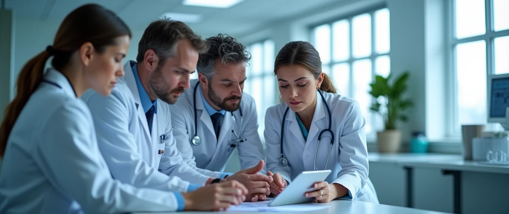 medical professionals, team of skilled doctors collaborating on digital tablet, modern hospital interior, focused determination, sterile clinical ambiance, soft diffused light through large windows, casting gentle shadows