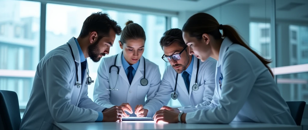 medical professionals, team of skilled doctors collaborating on digital tablet, modern hospital interior, focused determination, sterile clinical ambiance, soft diffused light through large windows, casting gentle shadows