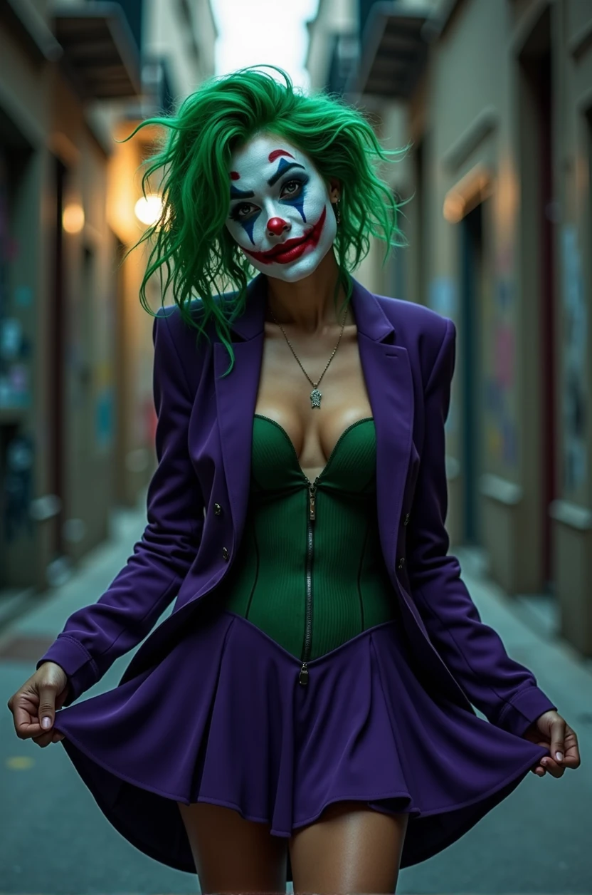 Create an image of a Indian female version of the Joker from Batman. on the city street, cinematic light, beautiful woman, skinny, medium breasts, detailed face, smile, facing the camera, photo taken from a distance, with bright green hair styled in a wild and unkempt manner. Her makeup should include white face paint, dark, exaggerated eye makeup, and a red smile that extends beyond her lips, red lipstick extends her lips reaches her chin creating a smile curve, similar to the classic Joker look. She should be dressed in a stylish yet eccentric outfit, combining elements of the Joker's traditional purple suit with a feminine twist, such as a tailored purple blazer, green corset, and short skirt. (Skirt lift), lifting skirt in one hand), (genitals visible), (private hair), Add accessories like gloves, a cane, or playing cards to enhance her villainous persona. The background should be a dark, Gotham City alleyway, with a hint of graffiti and a moody, atmospheric lighting, white face painting, red smile, green hair