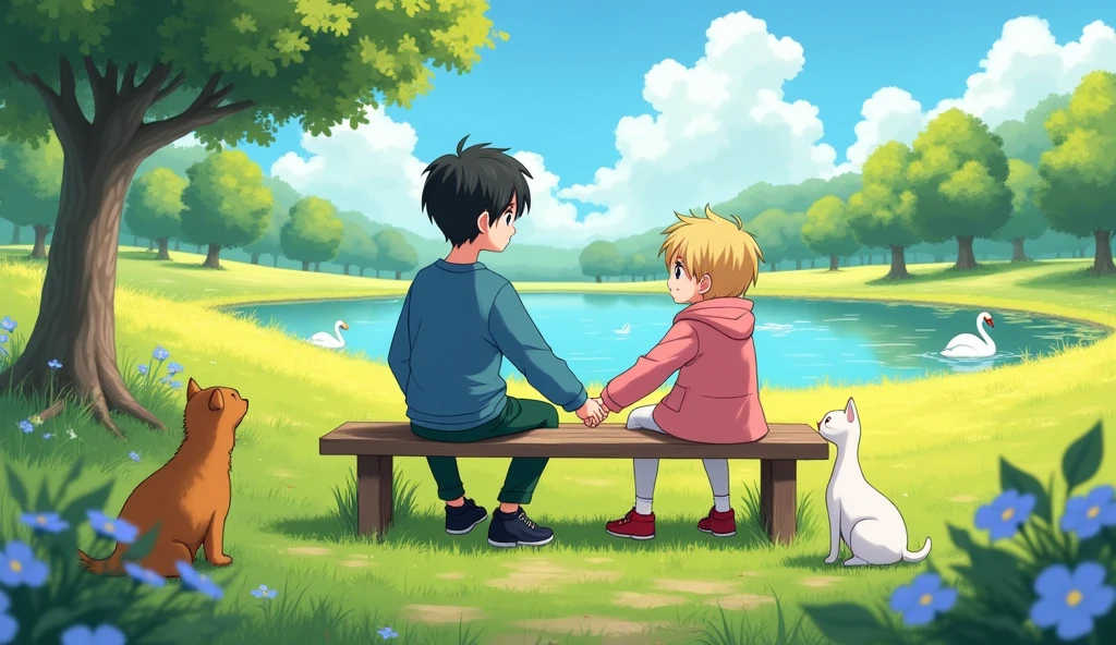 A beautiful field with a beautiful lake where swans are swimming and a bench in the center where two boys are holding hands and sitting the taller boy on the left has fair skin black hair he is wearing a blue sweatshirt dark green pants and black shoes the boy next to him wants to be a little shorter he has fair skin blond hair he is wearing a pink coat with white pants and red shoes next to them there is a dog and a cat who are also watching the lake there is a beautiful tree near the bench on the left side and flowers in the grass it is a beautiful sunny day and the image has to be in anime