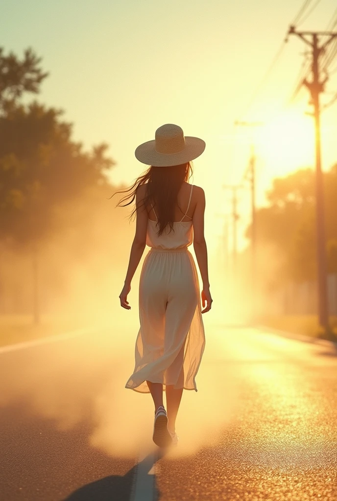 (heat haze:1.4), a girl wearing summer outfits and straw hat, walking in road mirage, mirage, The heat causes the air to fluctuate, making the landscape or the figure of a person appear distorted Swayingly, Diffuse reflection of sunlight, asphalt road in summer, sweltering hot summer