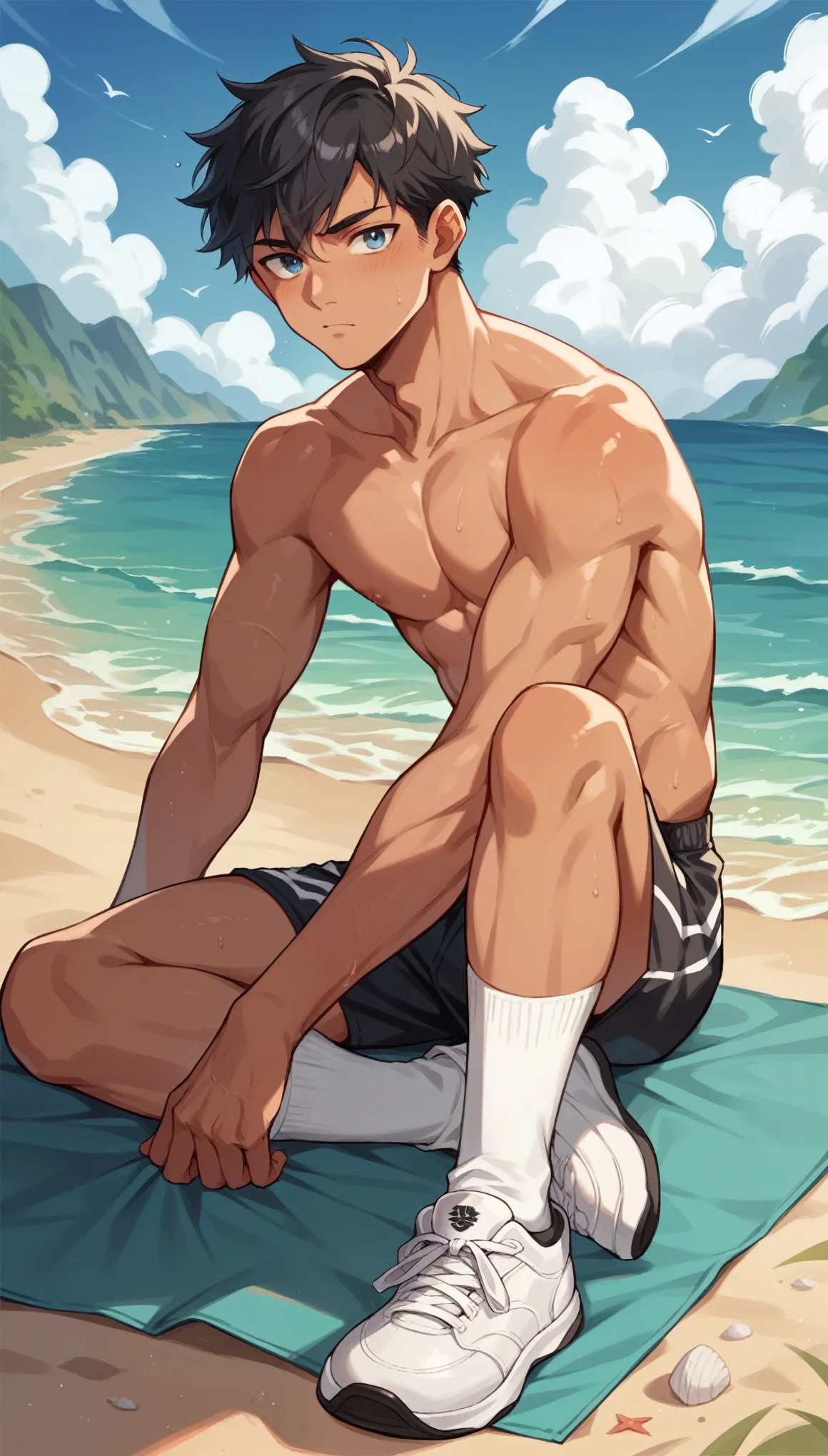 handsome boy,Black Hair,Sunburn,Sportswear,slim,On the beach,He has a pair of warm blue eyes.,Waves,White socks,White sneakers
