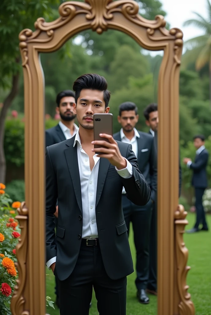(photorealism:1.2), handsome korean guy in suit with black hair, semi pompadour hairstyle, mirror selfie, outdoors, in garden, indian young guys in suit in background.