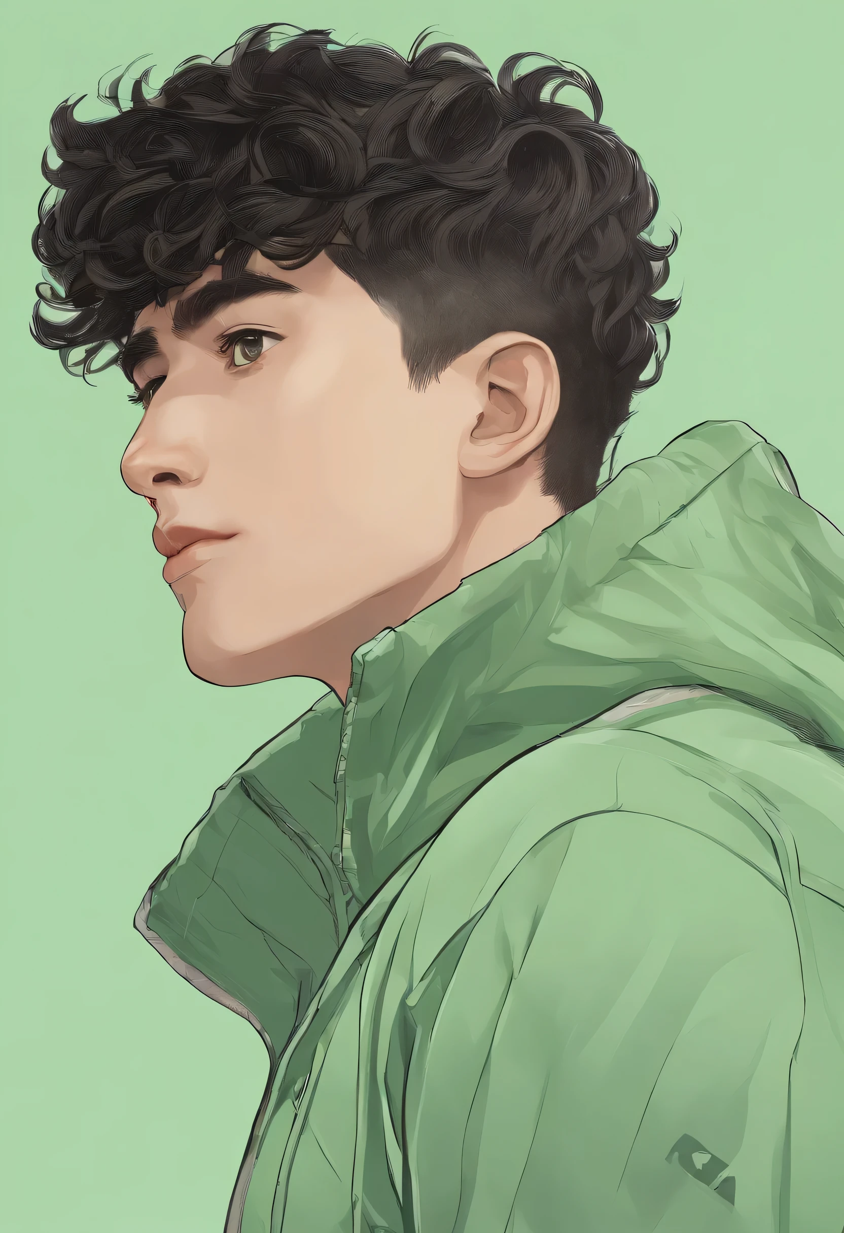 arafed boy 19 yo, 180cm , 70kg, in a light green sweatshirt , mid shot portrait, profile shot, photo portrait, high quality portrait, taken in the early 2020s, headshot profile picture, french crop haircut, black hair, van beard style , brown eyes,