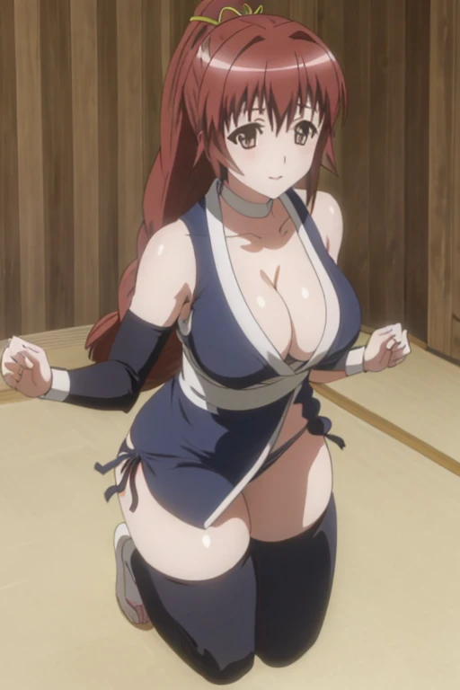 masterpiece, best quality, beautiful art, high resolution, well formed hands, body and fingers, 1 woman, solo, Chizuru Minamoto, 31 years old, hair ornament,  adult, grown up, big breasted, cleavage,  full body, braided long hair, blue_japanese_clothes, wearing DOA Kasumi's blue kunoichi dress, sexy and skimpy japanese clothes, kimono peek, sleeveless, panties peek, white stockings, gorgeous legs and thighs, she is doing exercise in the beach, seductive face, warming up, working out, sexy and captivating training, smiling joyfully and happily , looking at the viewer, , sweating , bouncing breasts, training montage session, beach environment              