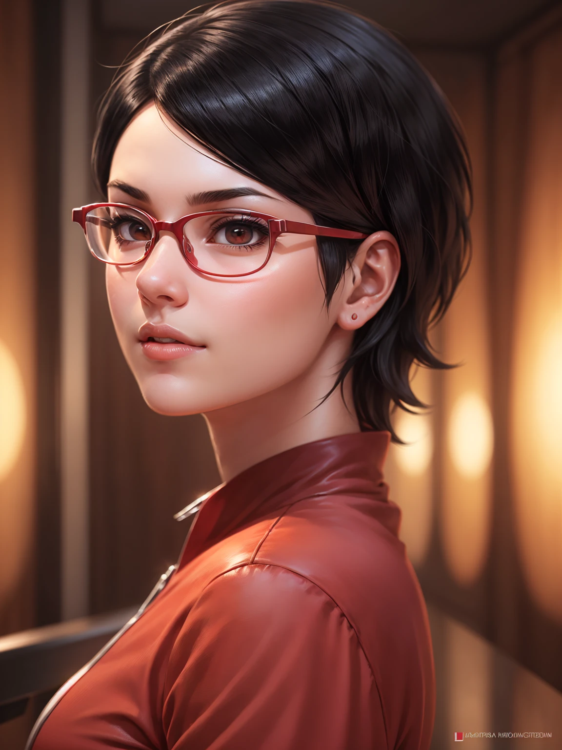 Well done work highly detailed with high resolution, Sharp lines and colors, perfect lighting, face detailed, detailed hair, detailedeyes, detailed nose, detailed lips. a beautiful girl with short black hair and black eyes with a short smile wearing red prescription glasses, Sarada Uchiha.