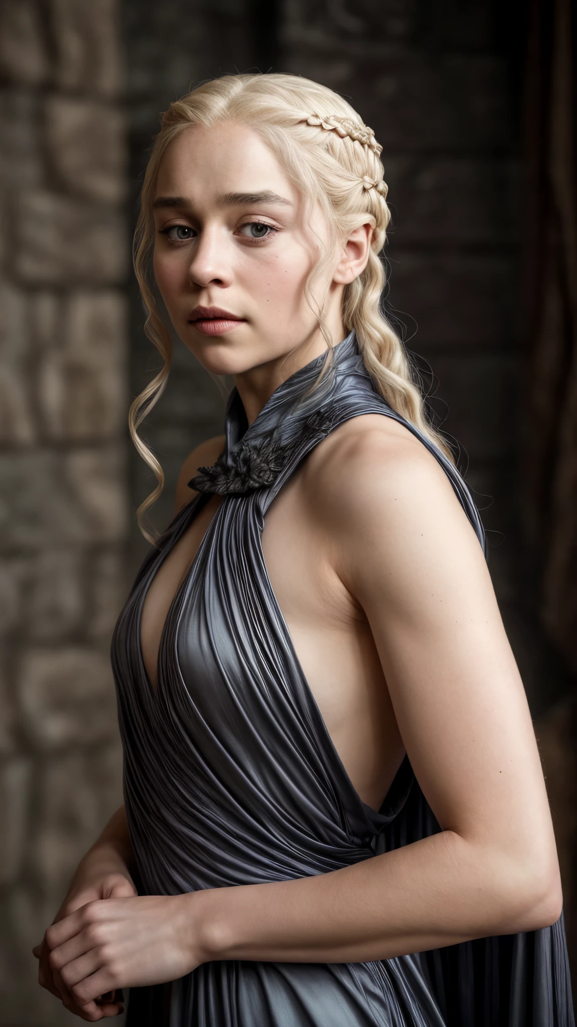 masterpiece, stunning portrait photo of khls woman, sleeveless, erotic costumes, sensual satin dress, game of thrones inspired costumes, intricate, compelling, cinematic, 