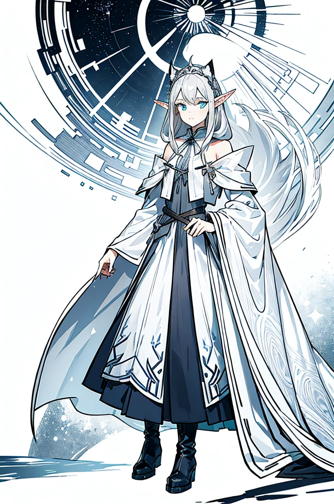 Shoulder-length gray-white hair,Girl,Blue Eyes,Elf ears,No headdress,No cat ears,Wear a magician's robe,cloak,hood,Long skirt,Boots,full-body shot,front Photo,No background