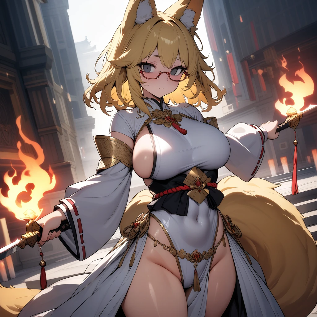 (masterpiece,best quality,very aesthetic),(ultra-detailed),high saturation,nsfw,girl,,solo,curvy,large breasts,thicc,(one fox tail,blonde fox ears,medium hair,low ponytail,blonde hair,messy hair,under-rim glasses),sideboob,long sleeves,empty eyes, gray eyes,(belly chain,fusion of gold trimmed white miko and highleg leotard,luxurious decoration),Expressionless,Mysterious,outdoors,plaza,Dancing on Stage for Japanese Shinto rituals,altar,outdoors,Brilliant Dancing,holding Sword with a shiny silver blade,(A mystical aura rises around girl,A mysterious aura of light, like a flickering flame, radiates from her)