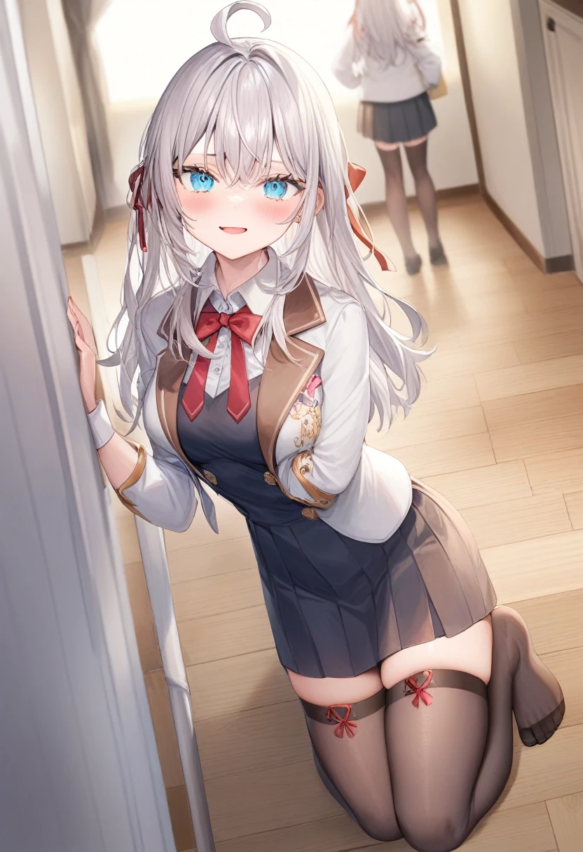 One girl, Alisa Mikhailovna Kujo,Tomorrow, my friend, Arya-san, will be visiting Russia.,alone, Long Hair, Eyebrows visible through hair, Hair between the eyes, Silver Hair, Hair Ribbon, blue eyes, Medium chest, ,Long sleeve, Jacket,
View your viewers,
Highest quality, so beautiful, ((toe)), ((stockings)),