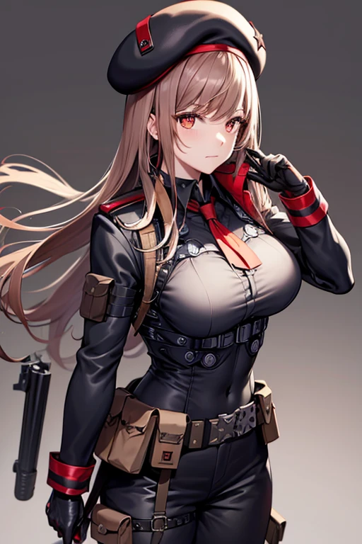 Rapi (NIKKE), Belt Pouches, Brown hair, Black hat, red ascot, beret, closed mouth, looking at the viewer, choker, gloves, ascot, Red gloves, (uniform), (bulletproof vest), utility belt, cargo pants, black pants, Black boots, solo, long hair, (simple black background), cowboy shot, red eyes, huge breasts, (muscular body), long sleeves