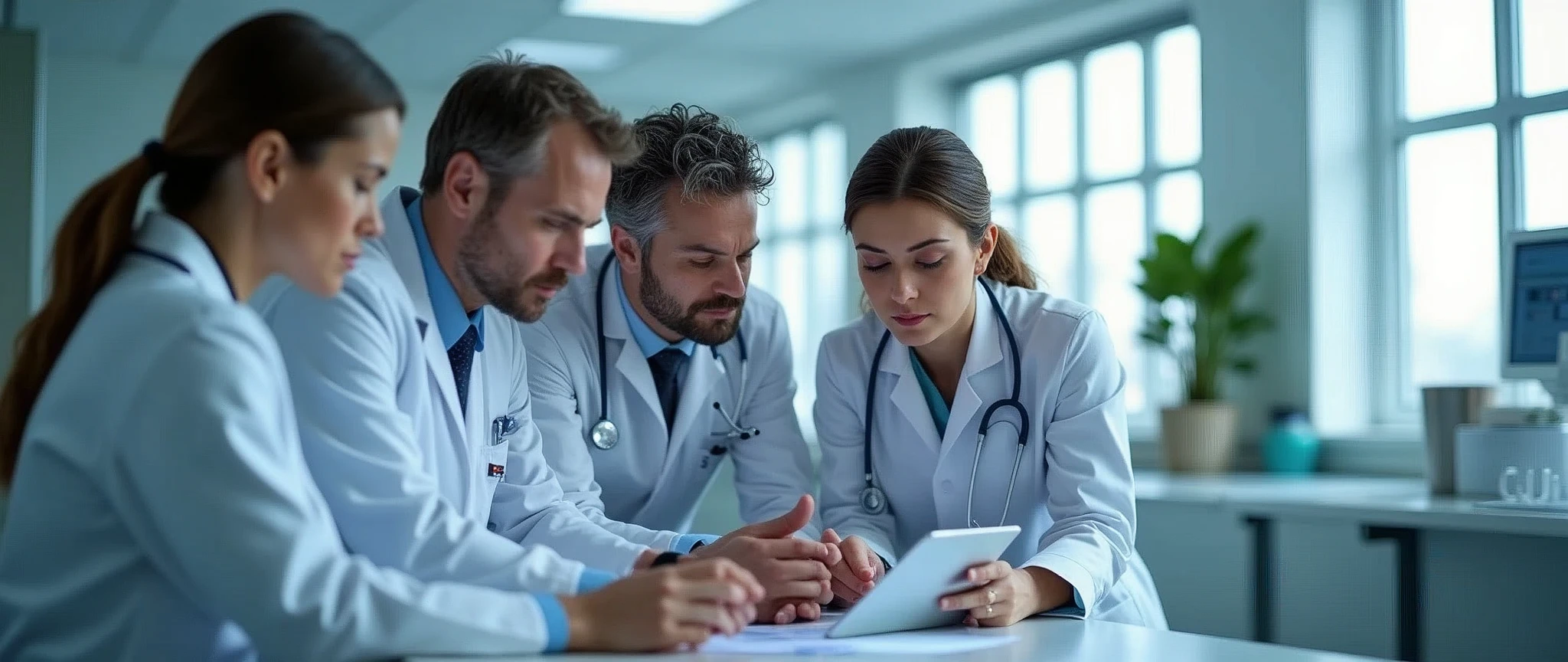 medical professionals, team of skilled doctors collaborating on digital tablet, modern hospital interior, focused determination, sterile clinical ambiance, soft diffused light through large windows, casting gentle shadows