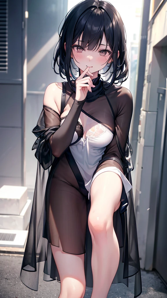 Serious age girl, Messy black hair, White eyes, Scar on one eye, Sunburned skin, Stylish black and white outfit, Attractive body, Dark and cold look, Detailed portrait, 8k, photograph (Highest quality) . ,4K,8k,High resolution,masterpiece:1.2),Very detailed,(Realistic,photoRealistic,photoRealistic:1.37),Vibrant colors,Sharp focus,Physically Based Rendering,Very detailedな,Professional tongue out, whole body,Thin legs,Beautiful legs,blush, smile, Sexy pose,cute仕草,cute,Small breasts, See-through,Half-closed eyes, Face of patience, stuffed toy,slender,Open your mouth,